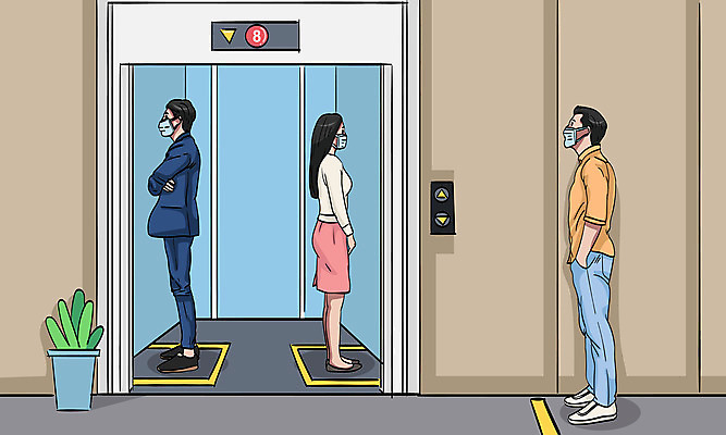 전신 여자 남자 화분 일러스트 마스크 서기 세명 엘리베이터 코로나바이러스 사회적거리두기 생활방역 생활수칙 돌아서기 델타변이바이러스 국내일러스트 AI파일 캠페인 모션 건강 사람 바이러스 방역 파일형식 벡터