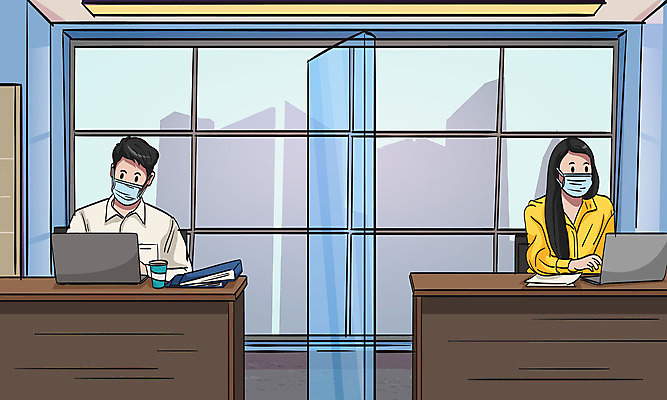 여자 남자 일러스트 비즈니스 마스크 상반신 성인 두명 노트북 사무실 갈색 직장인 비즈니스맨 비즈니스우먼 파일 가림막 코로나바이러스 사회적거리두기 생활방역 생활수칙 델타변이바이러스 국내일러스트 AI파일 직업 캠페인 컬러 건강 사람 전자제품 바이러스 방역 파일형식 벡터