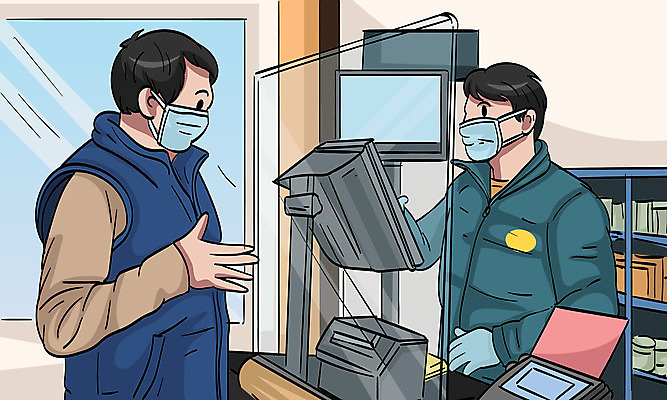 남자 일러스트 마스크 상반신 두명 계산기 종업원 계산대 고객 가림막 편의점 코로나바이러스 사회적거리두기 생활방역 생활수칙 델타변이바이러스 국내일러스트 AI파일 직업 캠페인 문구용품 건강 사람 상점 장비 바이러스 방역 파일형식 벡터