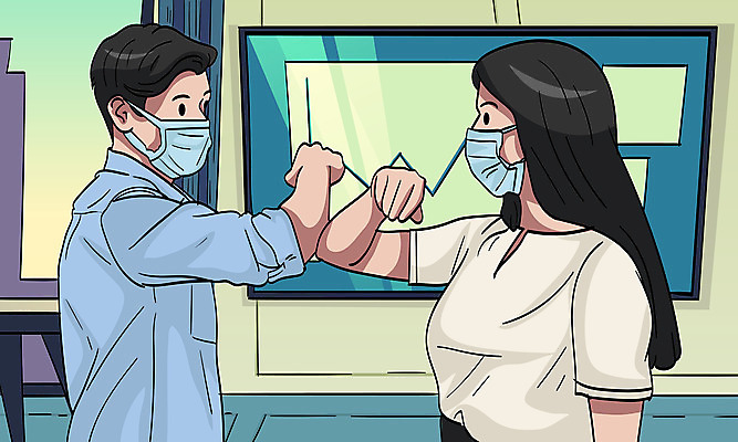 여자 남자 일러스트 마스크 상반신 두명 모니터 코로나바이러스 사회적거리두기 팔꿈치악수 델타변이바이러스 국내일러스트 AI파일 캠페인 악수 사람 컴퓨터 바이러스 파일형식 벡터