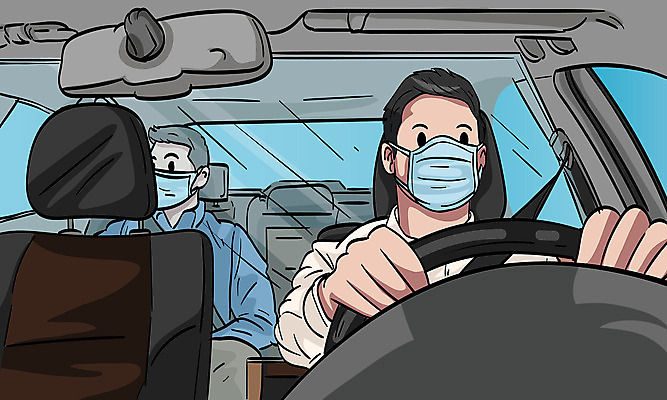 남자 일러스트 마스크 상반신 성인 두명 택시 승객 가림막 택시기사 코로나바이러스 사회적거리두기 생활방역 델타변이바이러스 국내일러스트 AI파일 캠페인 승용차 자동차 사람 운전사 바이러스 방역 파일형식 벡터