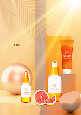 PSD 편집이미지 사람없음 화장 뷰티 3D 주황색 화장품 원형 자몽 오브젝트 스킨케어 이미지편집 편집3D 도형 컬러 과일 디지털합성 파일형식
