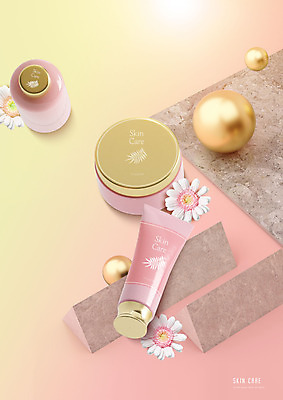 PSD 편집이미지 꽃 분홍색 사람없음 화장 뷰티 3D 화장품 오브젝트 스킨케어 이미지편집 편집3D 식물 컬러 디지털합성 파일형식