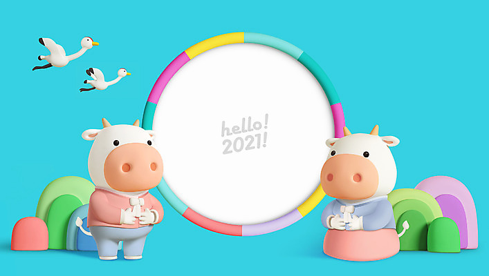 PSD 편집 편집이미지 캐릭터 두마리 새해 산 3D캐릭터 사람없음 파란색 3D 귀여움 학 소띠 인사 소 한복 디지털합성 소캐릭터 2021년 신축년 흰소 편집3D 한국전통 컬러 동물캐릭터 컨셉 2 포유류 조류 십이지신 예절 전통의상 연도 파일형식