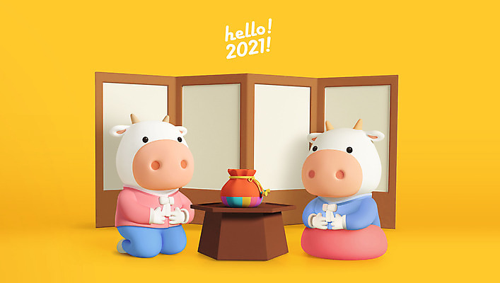 PSD 편집 편집이미지 캐릭터 두마리 새해 복주머니 3D캐릭터 앉기 사람없음 노란색 3D 귀여움 소띠 소 디지털합성 병풍 소캐릭터 2021년 신축년 흰소 편집3D 컬러 동물캐릭터 컨셉 2 포유류 모션 전통소품 십이지신 연도 파일형식