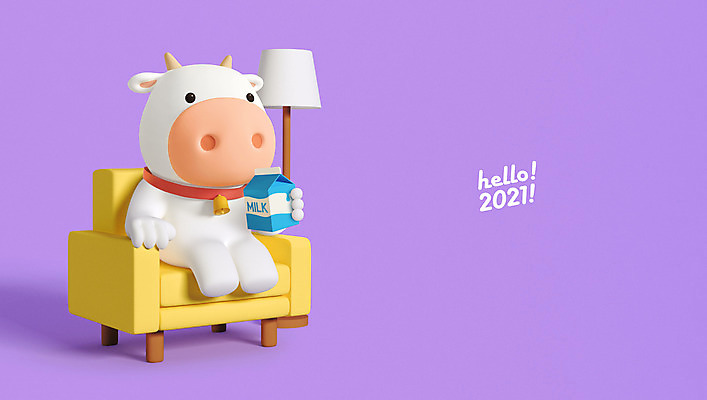 PSD 편집 편집이미지 캐릭터 한마리 전등 새해 3D캐릭터 들기 앉기 사람없음 소파 3D 귀여움 보라색 우유 마시기 소띠 소 디지털합성 소캐릭터 2021년 신축년 흰소 편집3D 1 컬러 동물캐릭터 컨셉 의자 포유류 모션 조명 유제품 십이지신 연도 파일형식