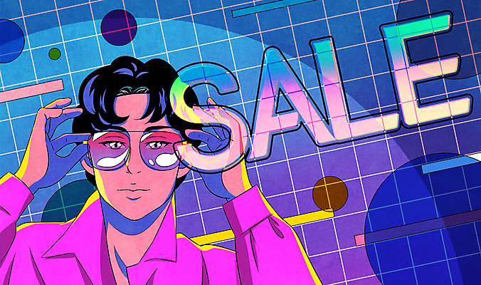 PSD 패션 남자 안경 일러스트 한명 상반신 성인 타이포그라피 컬러풀 선글라스 세일 복고 80년대 키치 국내일러스트 문자 1 잡화 컬러 컨셉 사람 파일형식