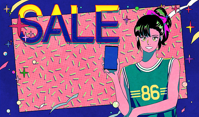 PSD 여자 분홍색 일러스트 한명 상반신 성인 타이포그라피 전자제품 스마트폰 손들기 세일 복고 80년대 키치 국내일러스트 문자 1 컬러 컨셉 모션 사람 핸드폰 스마트기기 파일형식