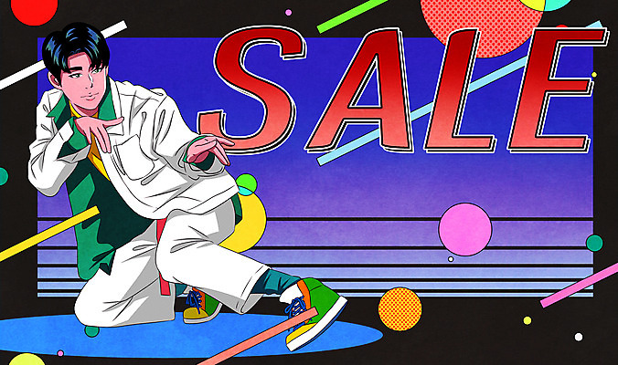 전신 PSD 패션 남자 포즈 일러스트 한명 성인 타이포그라피 컬러풀 세일 복고 80년대 키치 국내일러스트 문자 1 컬러 컨셉 사람 파일형식