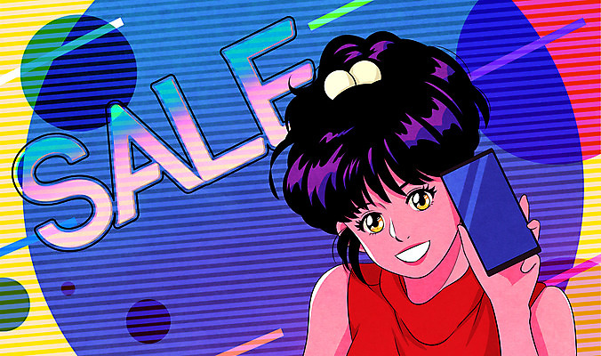 PSD 여자 패션 일러스트 한명 들기 상반신 성인 타이포그라피 전자제품 스마트폰 컬러풀 세일 복고 80년대 키치 국내일러스트 문자 1 컬러 컨셉 모션 사람 핸드폰 스마트기기 파일형식