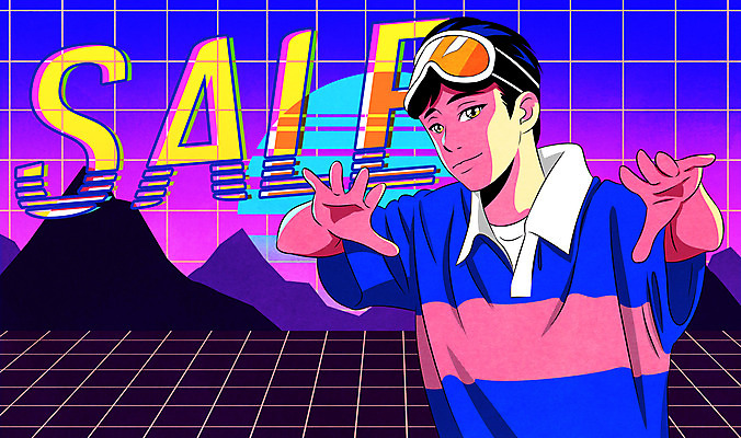 PSD 남자 일러스트 고글 한명 상반신 성인 타이포그라피 파란색 세일 복고 성인남자한명만 80년대 키치 국내일러스트 문자 1 컬러 컨셉 사람 남자한명만 성인남자만 파일형식