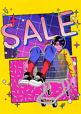 전신 PSD 패션 남자 일러스트 한명 앉기 성인 타이포그라피 반짝임 장보기 노란색 세일 쇼핑카 즐거움 복고 성인남자한명만 80년대 키치 국내일러스트 문자 1 감정 컬러 컨셉 모션 사람 쇼핑 카트 남자한명만 성인남자만 파일형식