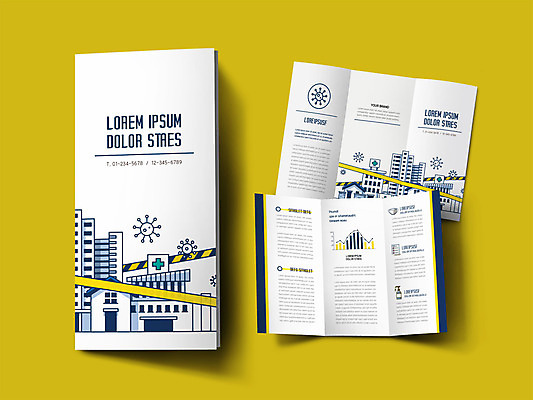 템플릿 ZIP 리플렛 병원 마스크 팜플렛 사람없음 노란색 바이러스 인디자인 INDD 손소독제 이미지템플릿 컬러 의학 소독제 파일형식