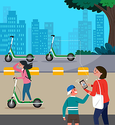 전신 나무 공원 여자 남자 어린이 일러스트 들기 사람 소년 성인 세명 스마트폰 컬러풀 어플리케이션 공유 퀵보드 공유경제 전동퀵보드 모빌리티 국내일러스트 AI파일 모자관계 식물 공공시설 아들 육상교통 교통수단 컬러 가족 모션 엄마 경제 핸드폰 스마트기기 파일형식 벡터