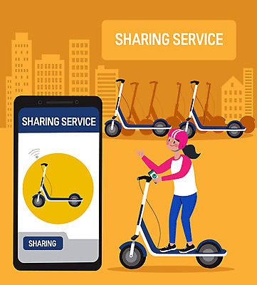 전신 여자 일러스트 한명 들기 사람 스마트폰 노란색 어플리케이션 안전모 공유 퀵보드 모바일앱 공유경제 전동퀵보드 모빌리티 국내일러스트 AI파일 1 육상교통 교통수단 컬러 모션 경제 핸드폰 스마트기기 헬멧 안전장비 파일형식 벡터