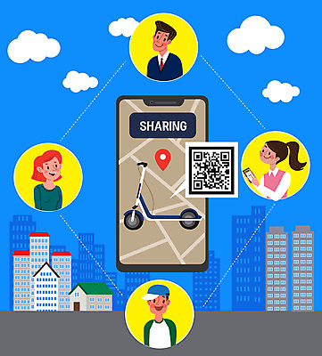여자 남자 일러스트 들기 사람 빌딩 여러명 상반신 성인 건물 파란색 스마트폰 도시 어플리케이션 공유 QR코드 퀵보드 성인만 모바일앱 공유경제 전동퀵보드 모빌리티 국내일러스트 AI파일 건축물 육상교통 교통수단 컬러 다수 모션 경제 핸드폰 스마트기기 파일형식 벡터