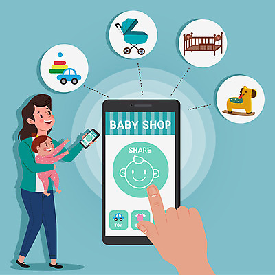 전신 손 여자 하늘색 일러스트 안기 사람 두명 신체부위 스마트폰 장난감 아기용품 침대 아기 어플리케이션 유모차 공유 여자만 모바일앱 공유경제 국내일러스트 AI파일 가구 모션 경제 파란색 핸드폰 스마트기기 오브젝트 파일형식 벡터