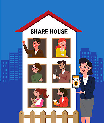 여자 남자 일러스트 주택 들기 사람 여러명 상반신 성인 파란색 스마트폰 어플리케이션 공유 성인만 공유경제 쉐어하우스 국내일러스트 AI파일 컬러 다수 모션 건물 경제 핸드폰 스마트기기 파일형식 벡터