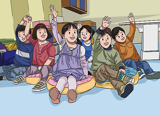 전신 여자 남자 어린이 신발 일러스트 교실 책장 방석 사람 앉기 소녀 소년 여러명 손들기 유치원 유치원생 책상 어린이만 아이돌봄 국내일러스트 AI파일 교육 가구 다수 학교 모션 파일형식 벡터 돌봄서비스