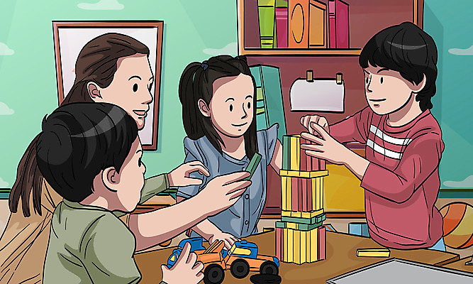 여자 남자 어린이 일러스트 공 교실 책장 들기 사람 소녀 소년 여러명 상반신 성인 책 교사 블록 유치원 유치원생 거울 장난감자동차 블록쌓기 아이돌봄 돌보미 국내일러스트 AI파일 직업 교육 가구 다수 학교 모션 장난감 쌓기 파일형식 벡터 돌봄서비스