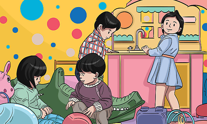 전신 여자 남자 어린이 일러스트 교실 놀이 서기 사람 앉기 소녀 소년 여러명 친구 컬러풀 장난감 유치원 유치원생 어린이만 아이돌봄 국내일러스트 AI파일 교육 컬러 다수 학교 관계 모션 파일형식 벡터 돌봄서비스