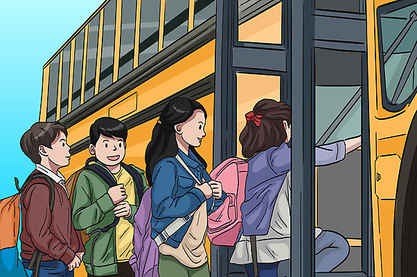 전신 여자 남자 어린이 일러스트 책가방 사람 소녀 소년 여러명 유치원 유치원생 승차 스쿨버스 어린이만 등원 아이돌봄 국내일러스트 AI파일 교육 다수 가방 모션 버스 파일형식 벡터 돌봄서비스