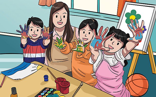 학생 여자 남자 어린이 일러스트 공 창문 교실 페인팅 손바닥 사람 소녀 소년 여러명 상반신 성인 교사 물감 유치원 유치원생 커튼 이젤 물감놀이 아이돌봄 돌보미 국내일러스트 AI파일 직업 손 교육 다수 학교 놀이 미술도구 색칠 파일형식 벡터 돌봄서비스