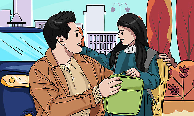 나무 여자 남자 딸 어린이 가로등 일러스트 가족 자동차 책가방 들기 사람 소녀 상반신 성인 두명 건물 유치원 유치원생 아빠 등교 부녀 아이돌봄 돌보미 국내일러스트 AI파일 식물 직업 건축물 공공시설 교육 육상교통 가방 관계 모션 등하교 파일형식 벡터 돌봄서비스