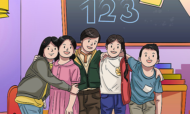 전신 여자 남자 어린이 일러스트 교실 포옹 어깨동무 사람 소녀 소년 여러명 책 친구 숫자 칠판 유치원 유치원생 어린이만 아이돌봄 국내일러스트 AI파일 문자 교육 포즈 다수 학교 관계 안기 파일형식 벡터 돌봄서비스