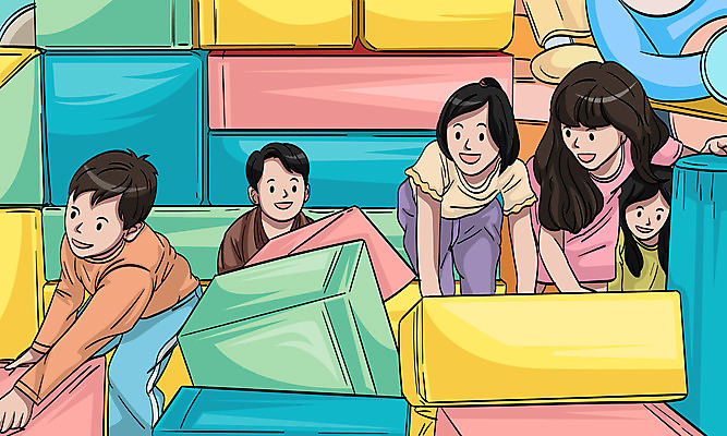 전신 여자 남자 어린이 쿠션 일러스트 놀이 사람 소녀 소년 여러명 교사 블록 유치원 유치원생 아이돌봄 돌보미 국내일러스트 AI파일 직업 교육 다수 파일형식 벡터 돌봄서비스