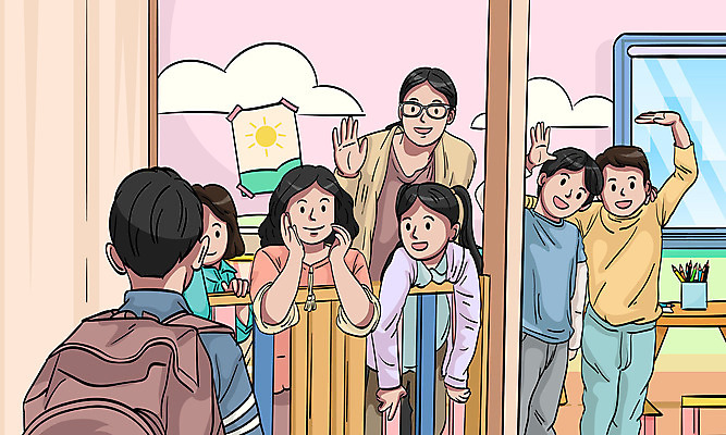 구름 여자 남자 어린이 일러스트 창문 교실 책가방 사람 소녀 소년 여러명 성인 친구 울타리 연필 손들기 교사 유치원 유치원생 거울 인사 연필꽂이 등교 아이돌봄 돌보미 국내일러스트 AI파일 자연요소 직업 교육 다수 가방 학교 관계 모션 문구용품 학용품 담장 필기구 예절 등하교 파일형식 벡터 돌봄서비스