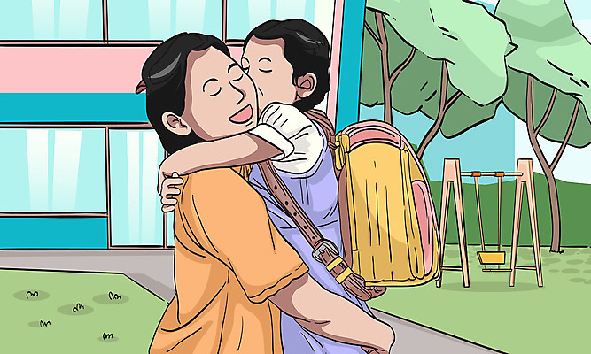 여자 딸 어린이 일러스트 포옹 모녀 엄마 책가방 사람 소녀 상반신 성인 두명 유치원 유치원생 그네 등교 여자만 아이돌봄 국내일러스트 AI파일 교육 가방 가족 안기 등하교 파일형식 벡터 돌봄서비스