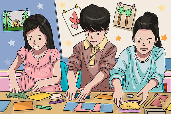 여자 남자 별 어린이 일러스트 교실 색연필 사람 소녀 소년 상반신 세명 연필 유치원 유치원생 그림 만들기 미술교육 어린이만 아이돌봄 국내일러스트 AI파일 자연요소 교육 학교 모션 학용품 미술 필기구 파일형식 벡터 돌봄서비스