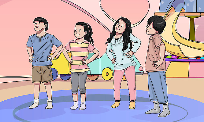 전신 여자 남자 어린이 허리손 일러스트 교실 서기 사람 소녀 소년 여러명 유치원 유치원생 매트 미끄럼틀 기차모형 율동 어린이만 아이돌봄 국내일러스트 AI파일 교육 포즈 다수 학교 모션 모형 놀이기구 파일형식 벡터 돌봄서비스