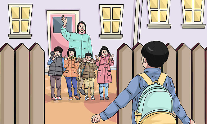 전신 여자 남자 어린이 일러스트 창문 책가방 사람 소녀 소년 여러명 성인 울타리 교사 유치원 유치원생 인사 등교 아이돌봄 돌보미 국내일러스트 AI파일 직업 교육 다수 가방 담장 예절 등하교 파일형식 벡터 돌봄서비스