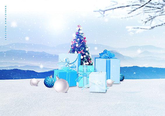 PSD 편집이미지 크리스마스장식 크리스마스선물 선물 사람없음 파란색 선물상자 크리스마스트리 설원 나뭇가지 눈 오너먼트 이미지편집 자연요소 나무 컬러 크리스마스 날씨 눈_날씨 상자 파일형식