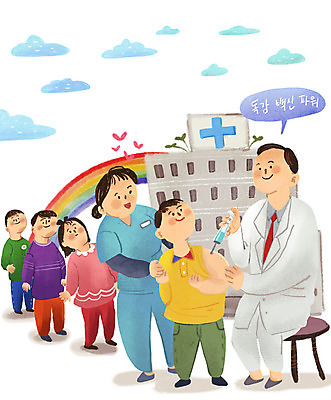 전신 PSD 여자 남자 초등학생 어린이 무지개 일러스트 병원 주사기 안전 사람 여러명 성인 유치원생 간호사 의사 바이러스 질병 감기 사회이슈 전염 박테리아 백신 예방접종 인플루엔자 줄서기 독감주사 부스터샷 국내일러스트 자연요소 학생 다수 컨셉 의학 의료기기 모션 의료진 감염 접종 파일형식