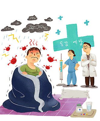 전신 PSD 여자 남자 일러스트 병원 주사기 들기 안전 사람 세명 약 팔짱 이불 고통 간호사 의사 바이러스 질병 감기 사회이슈 전염 박테리아 고열 백신 예방접종 인플루엔자 성인만 독감주사 국내일러스트 감정 컨셉 의학 의료기기 침구 모션 의료진 감염 온도 접종 파일형식