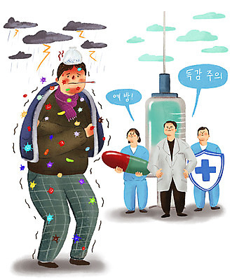 전신 PSD 여자 남자 일러스트 의학 병원 주사기 들기 안전 사람 여러명 알약 고통 추위 간호사 의료진 의사 바이러스 감기 사회이슈 전염 방패 박테리아 고열 백신 예방접종 인플루엔자 독감주사 국내일러스트 직업 감정 다수 컨셉 의료기기 모션 약 질병 감염 온도 접종 파일형식