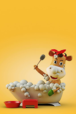 PSD 편집 편집이미지 새해 욕조 들기 사람없음 노란색 3D 목욕 거품 소띠 소 디지털합성 소캐릭터 때밀이 편집소스 2021년 신축년 편집3D 컬러 동물캐릭터 포유류 모션 청결 십이지신 연도 파일형식