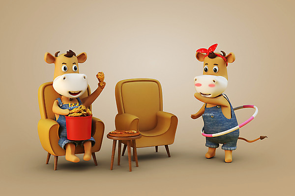 PSD 편집 편집이미지 커플 새해 들기 앉기 사람없음 운동 갈색 3D 치킨 소띠 소 디지털합성 훌라후프 소캐릭터 편집소스 2021년 신축년 편집3D 컬러 동물캐릭터 포유류 관계 모션 건강 십이지신 연도 닭고기요리 파일형식