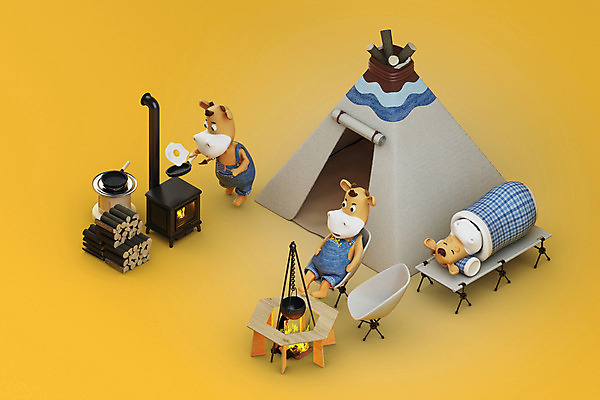 PSD 편집 편집이미지 의자 새해 텐트 사람없음 노란색 3D 캠핑 소띠 소 장작 디지털합성 화로 소캐릭터 간이침대 편집소스 2021년 신축년 편집3D 그릇 컬러 동물캐릭터 가구 포유류 레저 캠핑도구 십이지신 침대 연도 파일형식
