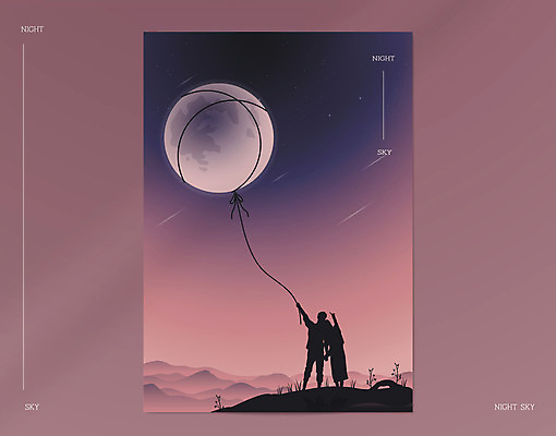 전신 커플 여자 남자 실루엣 별 밧줄 분홍색 일러스트 밤하늘 하늘 산 서기 손짓 두명 달 가리킴 잡기 야간 목업 국내일러스트 AI파일 자연요소 줄 컬러 관계 모션 촬영기법 사람 파일형식 벡터