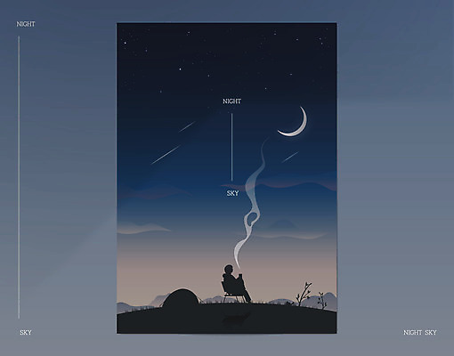 전신 실루엣 별 일러스트 밤하늘 하늘 산 한명 앉기 달 연기 야간 유성 남색 목업 국내일러스트 AI파일 자연요소 1 컬러 모션 촬영기법 사람 파일형식 벡터