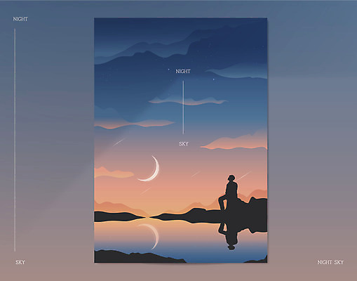 전신 실루엣 별 바다 분홍색 일러스트 밤하늘 하늘 한명 노을 달 야간 유성 목업 국내일러스트 AI파일 자연요소 1 컬러 촬영기법 사람 파일형식 벡터