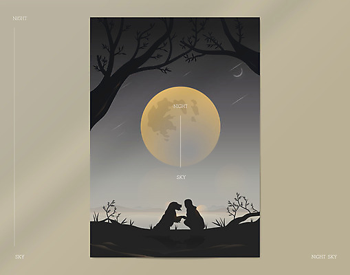 전신 나무 실루엣 별 반려견 일러스트 밤하늘 하늘 한명 회색 달 개 야간 유성 목업 국내일러스트 AI파일 자연요소 식물 1 컬러 포유류 촬영기법 사람 반려동물 파일형식 벡터