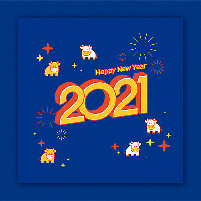 여러마리 일러스트 새해 타이포그라피 사람없음 파란색 숫자 새해인사 소띠 소 해피뉴이어 2021년 신축년 국내일러스트 AI파일 문자 컬러 다수 포유류 십이지신 인사 연도 파일형식 벡터