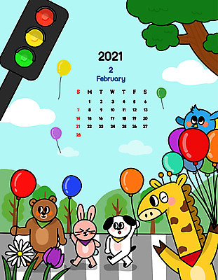 동물 도로 여러마리 일러스트 곰 들기 사람없음 컬러풀 봄 달력 토끼 횡단보도 강아지 신호등 기린 교통안전 풍선 2월 2021년 신축년 국내일러스트 AI파일 계절 길 컬러 다수 포유류 교통시설 모션 안전 반려동물 날짜 보행로 개 연도 파일형식 벡터