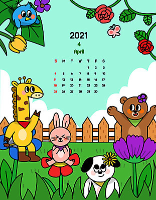 동물 꽃 여러마리 일러스트 곰 사람없음 울타리 컬러풀 장미 봄 달력 토끼 강아지 4월 기린 꽃놀이 봄소풍 2021년 신축년 국내일러스트 AI파일 식물 계절 컬러 다수 포유류 담장 반려동물 소풍 축제 날짜 개 연도 파일형식 벡터