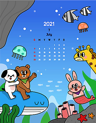 동물 바다 여러마리 일러스트 곰 불가사리 어류 사람없음 여름 컬러풀 바닷속 탐험 달력 토끼 강아지 기린 고래 해파리 미역 인어 7월 2021년 신축년 국내일러스트 AI파일 계절 컬러 다수 포유류 극피동물 반려동물 수중 수중동물 날짜 해조류 자포동물 개 연도 파일형식 벡터